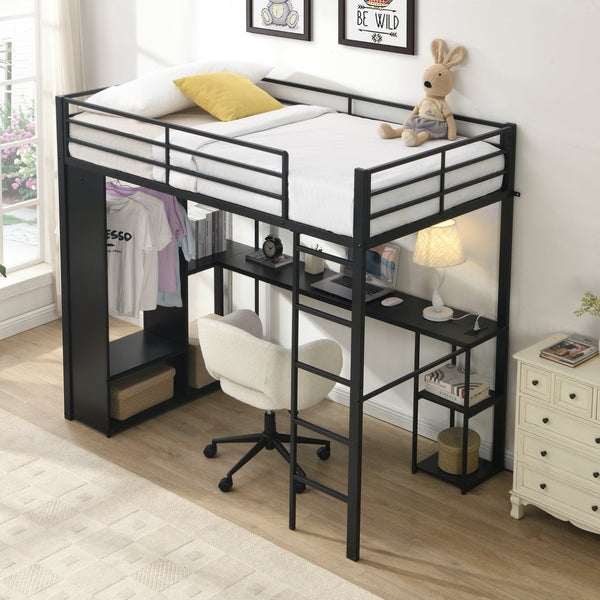English Elm Multi-Function Twin Steel Loft Bed with Built-In Desk Open Shelving and LED Lighting W311S00068