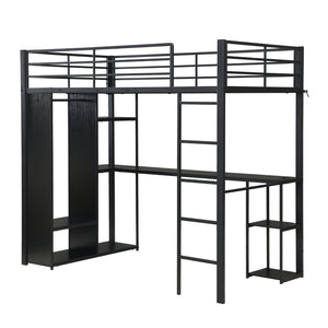 English Elm Multi-Function Twin Steel Loft Bed with Built-In Desk Open Shelving and LED Lighting W311S00068
