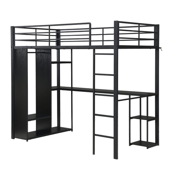 English Elm Multi-Function Twin Steel Loft Bed with Built-In Desk Open Shelving and LED Lighting W311S00068