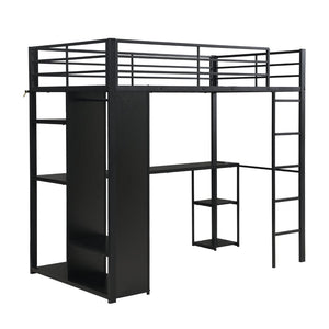English Elm Multi-Function Twin Steel Loft Bed with Built-In Desk Open Shelving and LED Lighting W311S00068