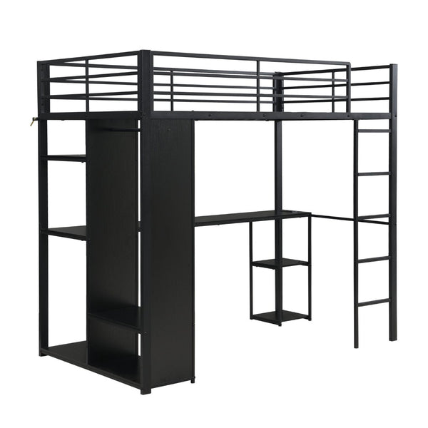 English Elm Multi-Function Twin Steel Loft Bed with Built-In Desk Open Shelving and LED Lighting W311S00068