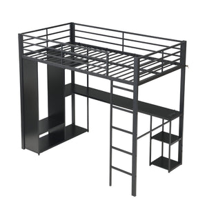 English Elm Multi-Function Twin Steel Loft Bed with Built-In Desk Open Shelving and LED Lighting W311S00068