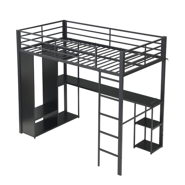 English Elm Multi-Function Twin Steel Loft Bed with Built-In Desk Open Shelving and LED Lighting W311S00068