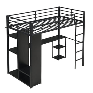 English Elm Multi-Function Twin Steel Loft Bed with Built-In Desk Open Shelving and LED Lighting W311S00068