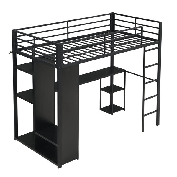 English Elm Multi-Function Twin Steel Loft Bed with Built-In Desk Open Shelving and LED Lighting W311S00068