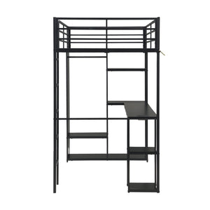 English Elm Multi-Function Twin Steel Loft Bed with Built-In Desk Open Shelving and LED Lighting W311S00068