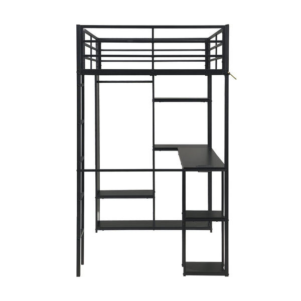 English Elm Multi-Function Twin Steel Loft Bed with Built-In Desk Open Shelving and LED Lighting W311S00068
