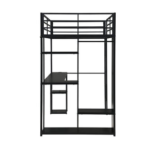 English Elm Multi-Function Twin Steel Loft Bed with Built-In Desk Open Shelving and LED Lighting W311S00068