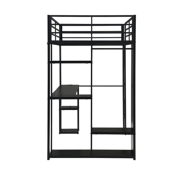 English Elm Multi-Function Twin Steel Loft Bed with Built-In Desk Open Shelving and LED Lighting W311S00068