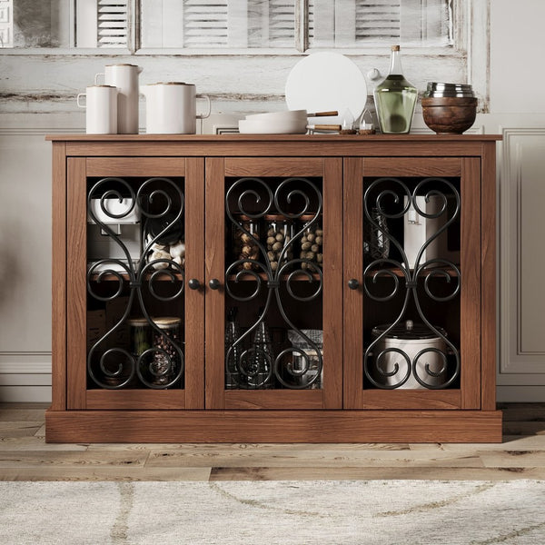 English Elm Morden Fort Wood Sideboard with Iron Scrollwork Doors Natural Finish Farmhouse Storage W3123P520559