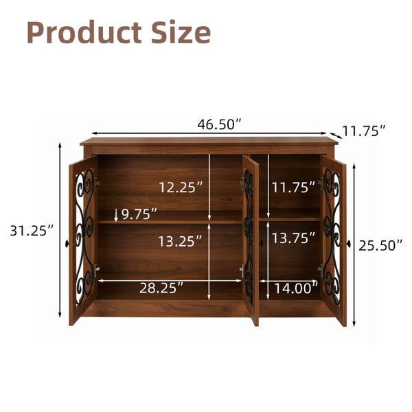 English Elm Morden Fort Wood Sideboard with Iron Scrollwork Doors Natural Finish Farmhouse Storage W3123P520559