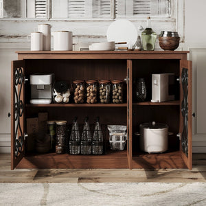 English Elm Morden Fort Wood Sideboard with Iron Scrollwork Doors Natural Finish Farmhouse Storage W3123P520559
