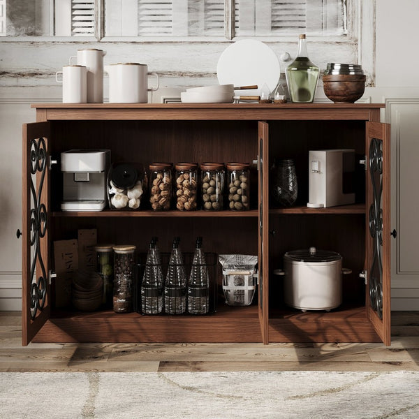 English Elm Morden Fort Wood Sideboard with Iron Scrollwork Doors Natural Finish Farmhouse Storage W3123P520559