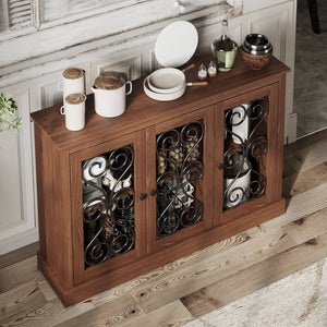 English Elm Morden Fort Wood Sideboard with Iron Scrollwork Doors Natural Finish Farmhouse Storage W3123P520559