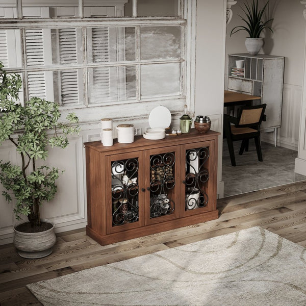 English Elm Morden Fort Wood Sideboard with Iron Scrollwork Doors Natural Finish Farmhouse Storage W3123P520559