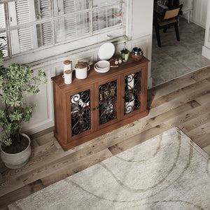 English Elm Morden Fort Wood Sideboard with Iron Scrollwork Doors Natural Finish Farmhouse Storage W3123P520559