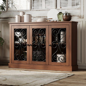 English Elm Morden Fort Wood Sideboard with Iron Scrollwork Doors Natural Finish Farmhouse Storage W3123P520559