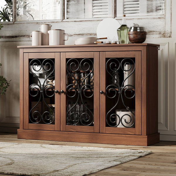 English Elm Morden Fort Wood Sideboard with Iron Scrollwork Doors Natural Finish Farmhouse Storage W3123P520559
