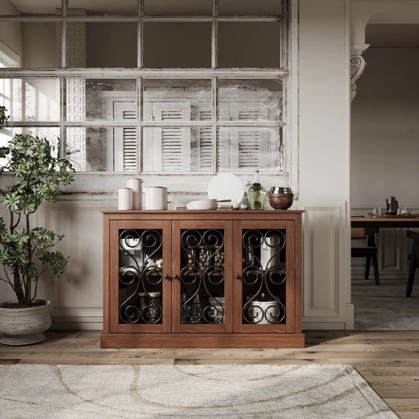 English Elm Morden Fort Wood Sideboard with Iron Scrollwork Doors Natural Finish Farmhouse Storage W3123P520559