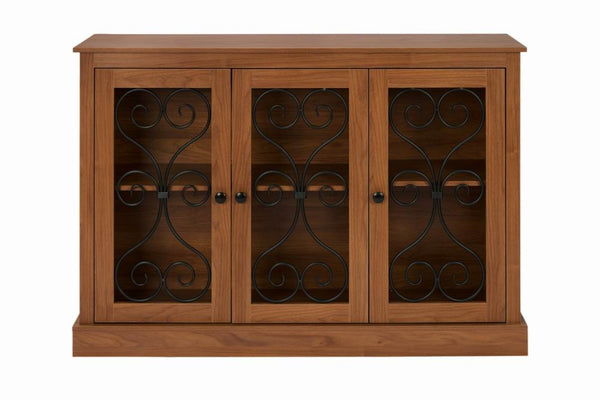 English Elm Morden Fort Wood Sideboard with Iron Scrollwork Doors Natural Finish Farmhouse Storage W3123P520559