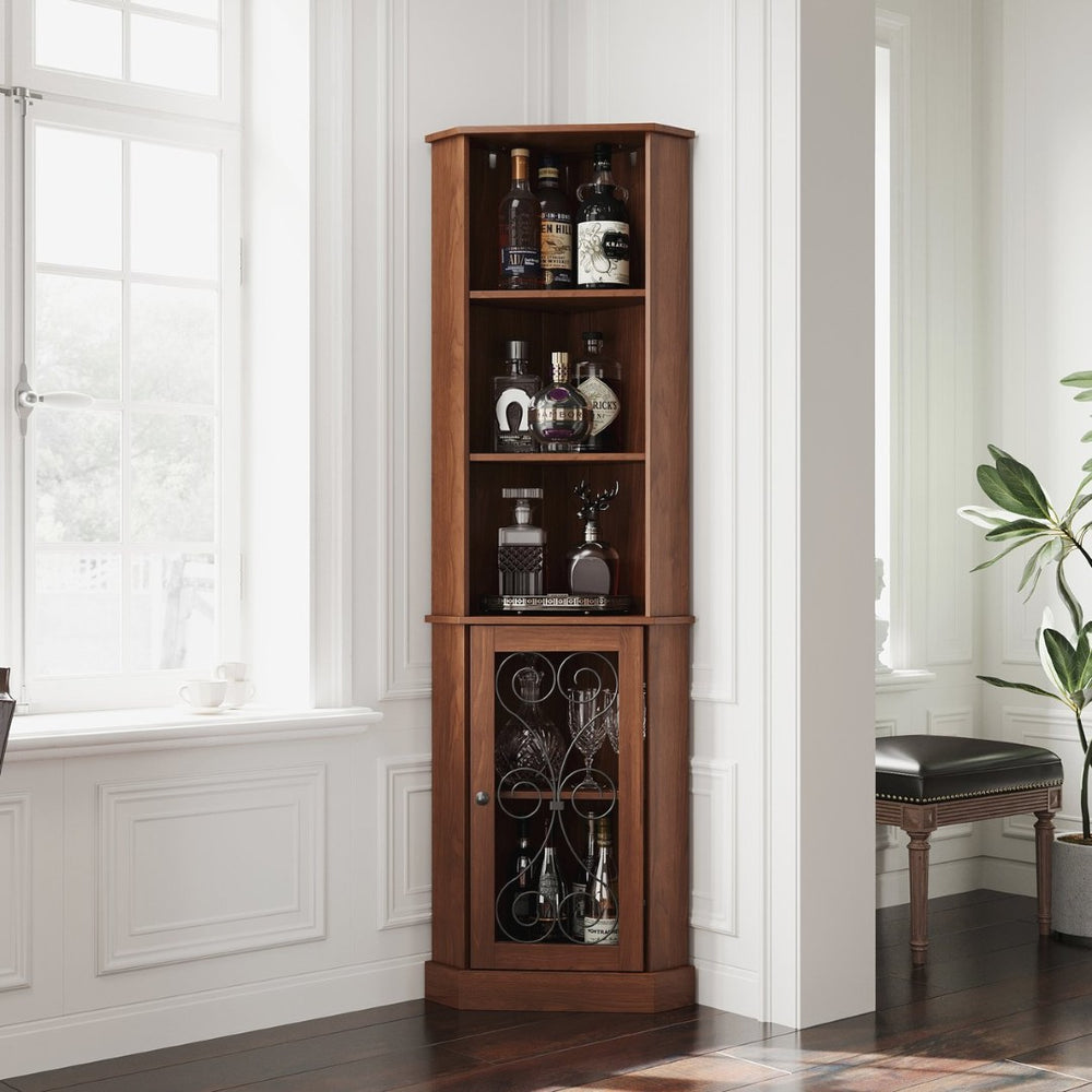 English Elm Tall Corner Wine Cabinet with Open Shelving Metal Mesh Door Walnut Industrial Bar W3123P520560