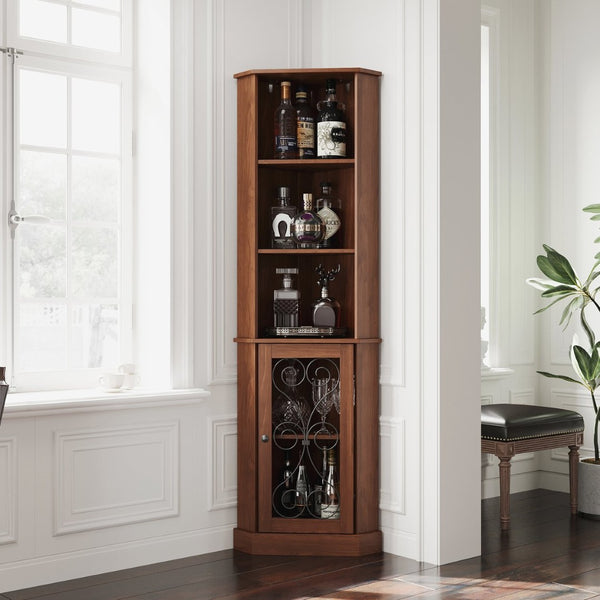 English Elm Tall Corner Wine Cabinet with Open Shelving Metal Mesh Door Walnut Industrial Bar W3123P520560