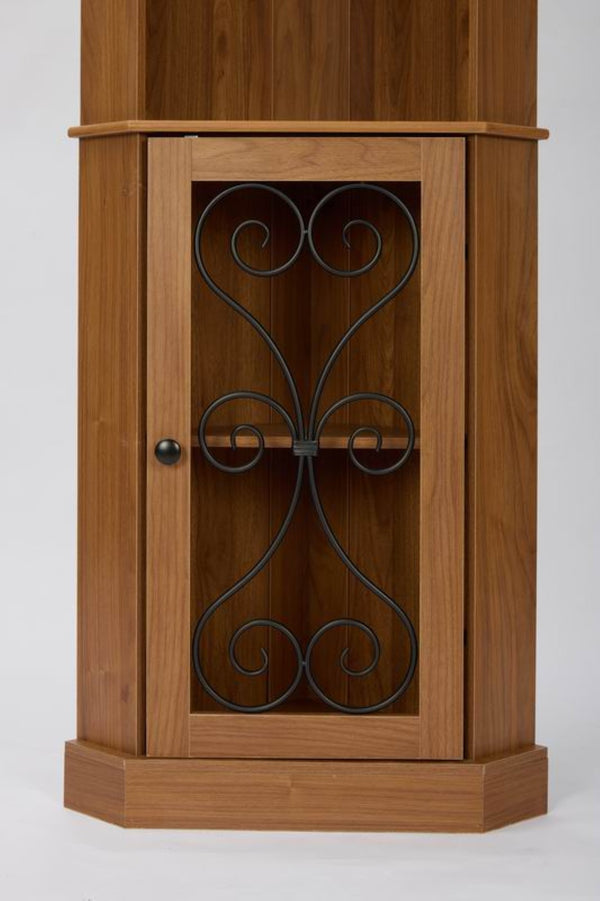 English Elm Tall Corner Wine Cabinet with Open Shelving Metal Mesh Door Walnut Industrial Bar W3123P520560
