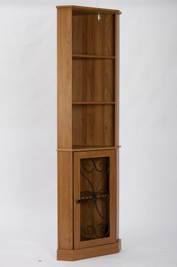 English Elm Tall Corner Wine Cabinet with Open Shelving Metal Mesh Door Walnut Industrial Bar W3123P520560