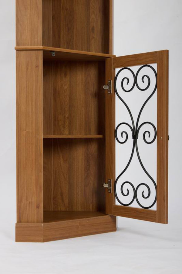 English Elm Tall Corner Wine Cabinet with Open Shelving Metal Mesh Door Walnut Industrial Bar W3123P520560