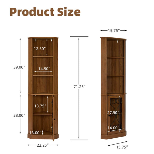 English Elm Tall Corner Wine Cabinet with Open Shelving Metal Mesh Door Walnut Industrial Bar W3123P520560