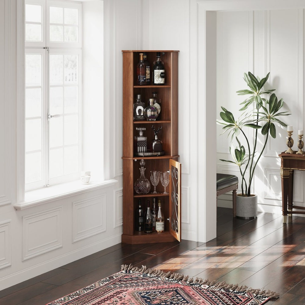 English Elm Tall Corner Wine Cabinet with Open Shelving Metal Mesh Door Walnut Industrial Bar W3123P520560