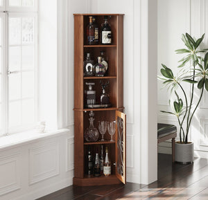 English Elm Tall Corner Wine Cabinet with Open Shelving Metal Mesh Door Walnut Industrial Bar W3123P520560
