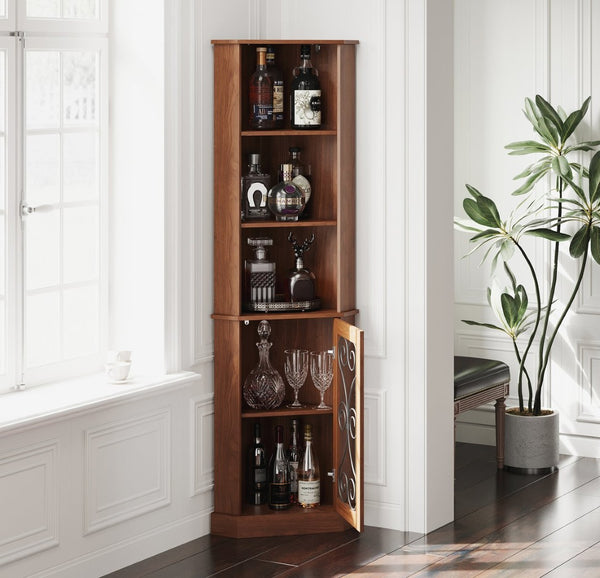 English Elm Tall Corner Wine Cabinet with Open Shelving Metal Mesh Door Walnut Industrial Bar W3123P520560