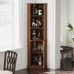 English Elm Tall Corner Wine Cabinet with Open Shelving Metal Mesh Door Walnut Industrial Bar W3123P520560