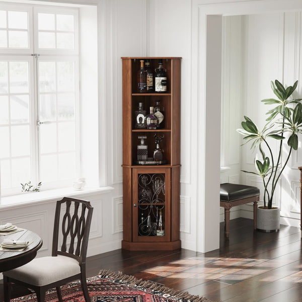 English Elm Tall Corner Wine Cabinet with Open Shelving Metal Mesh Door Walnut Industrial Bar W3123P520560