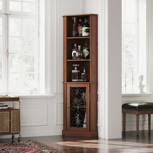 English Elm Tall Corner Wine Cabinet with Open Shelving Metal Mesh Door Walnut Industrial Bar W3123P520560