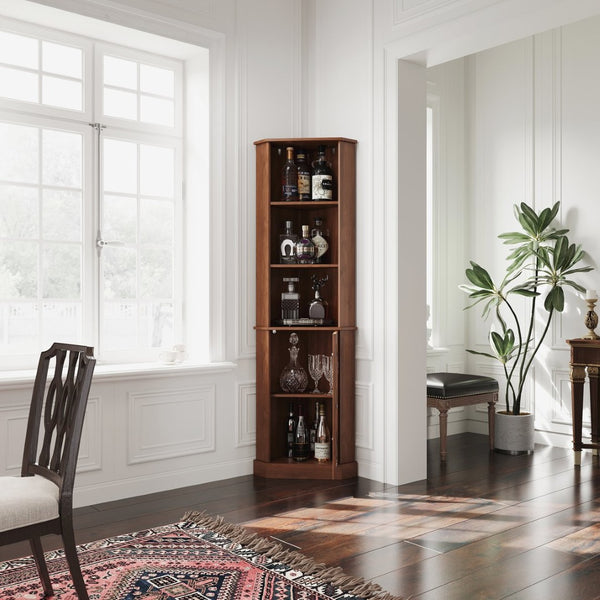 English Elm Tall Corner Wine Cabinet with Open Shelving Metal Mesh Door Walnut Industrial Bar W3123P520560