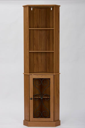 English Elm Tall Corner Wine Cabinet with Open Shelving Metal Mesh Door Walnut Industrial Bar W3123P520560