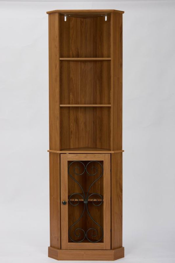 English Elm Tall Corner Wine Cabinet with Open Shelving Metal Mesh Door Walnut Industrial Bar W3123P520560