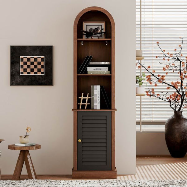 English Elm Tall Arched Corner Cabinet Narrow Wood Bookshelf with Louvered Door for Small Spaces W3123P520561