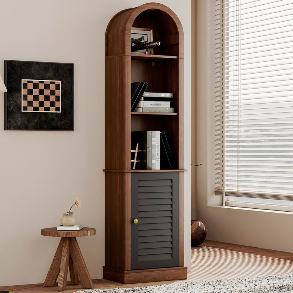 English Elm Tall Arched Corner Cabinet Narrow Wood Bookshelf with Louvered Door for Small Spaces W3123P520561