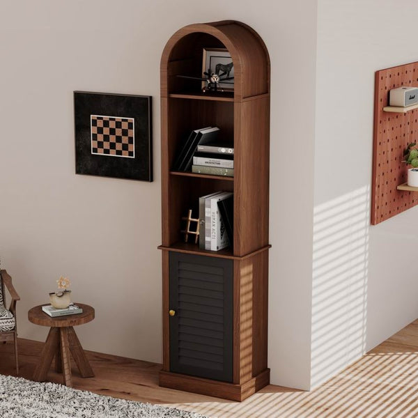 English Elm Tall Arched Corner Cabinet Narrow Wood Bookshelf with Louvered Door for Small Spaces W3123P520561