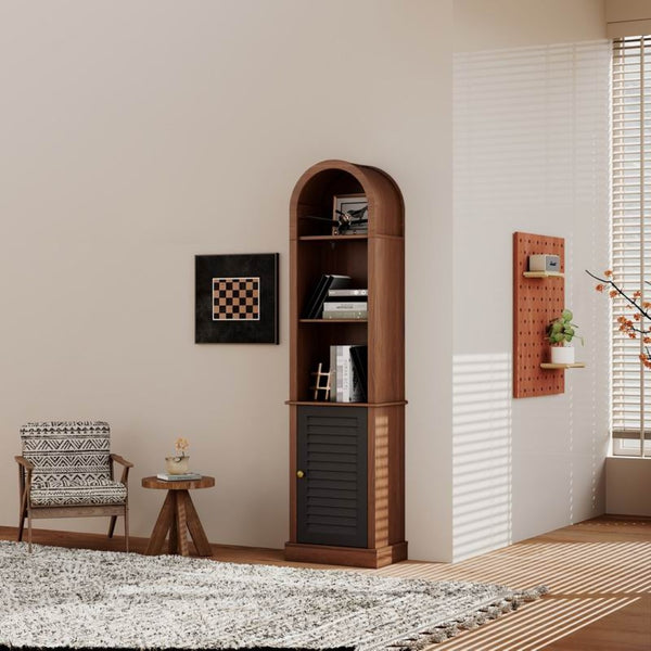 English Elm Tall Arched Corner Cabinet Narrow Wood Bookshelf with Louvered Door for Small Spaces W3123P520561