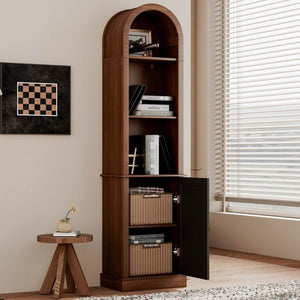 English Elm Tall Arched Corner Cabinet Narrow Wood Bookshelf with Louvered Door for Small Spaces W3123P520561