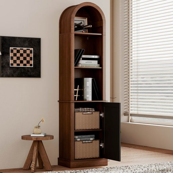 English Elm Tall Arched Corner Cabinet Narrow Wood Bookshelf with Louvered Door for Small Spaces W3123P520561