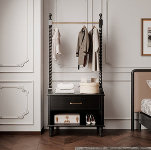 English Elm Clothes Rack Solid Wood Frame Matte Black Finish with Drawers Bedroom Entryway Organizer W3123P543443