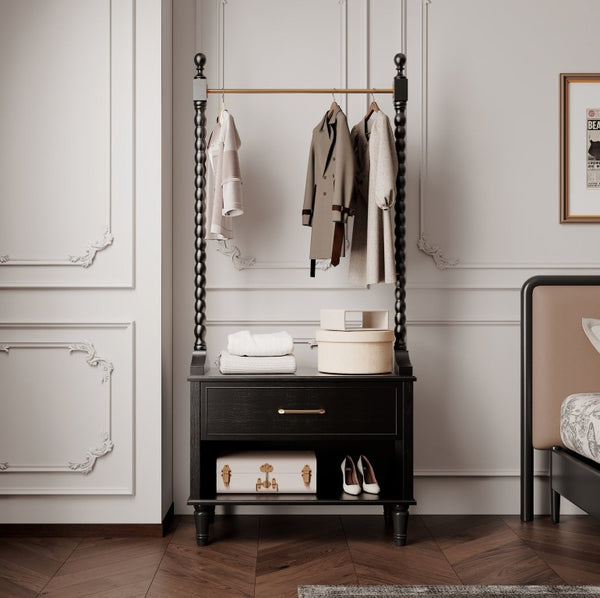 English Elm Clothes Rack Solid Wood Frame Matte Black Finish with Drawers Bedroom Entryway Organizer W3123P543443