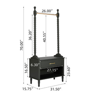 English Elm Clothes Rack Solid Wood Frame Matte Black Finish with Drawers Bedroom Entryway Organizer W3123P543443