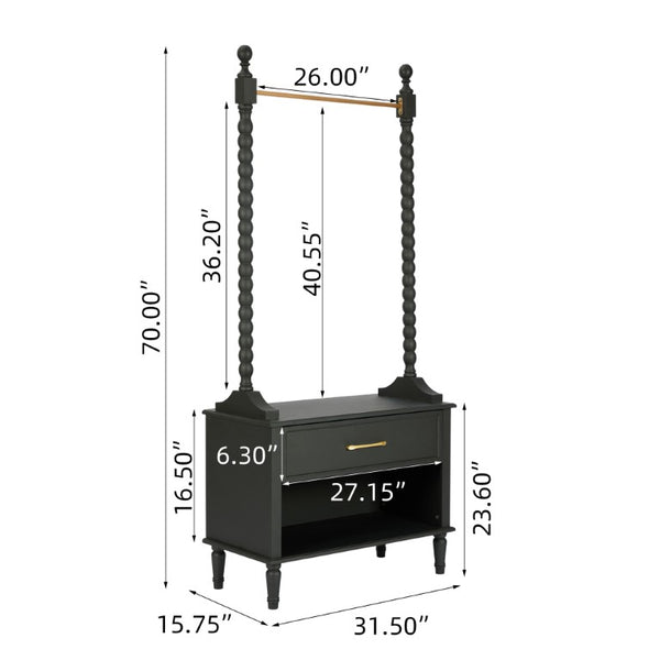 English Elm Clothes Rack Solid Wood Frame Matte Black Finish with Drawers Bedroom Entryway Organizer W3123P543443