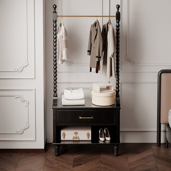 English Elm Clothes Rack Solid Wood Frame Matte Black Finish with Drawers Bedroom Entryway Organizer W3123P543443